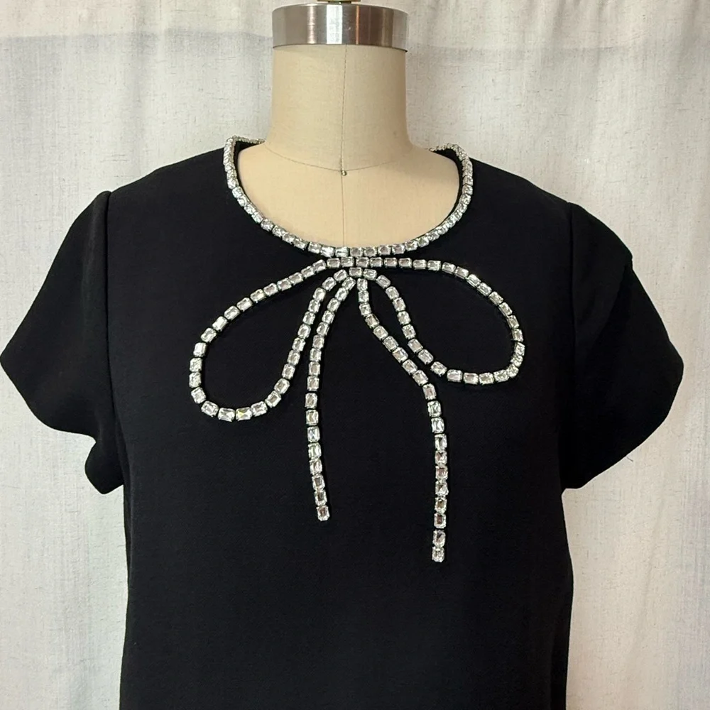 Kate Spade Black Dress Size 8 Rhinestone Bow Neckline Elegant Cocktail